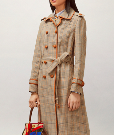 Plaid trench coat with orange piping