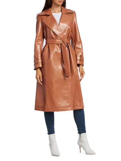 Vegan leather trench coat with a 70s vibe