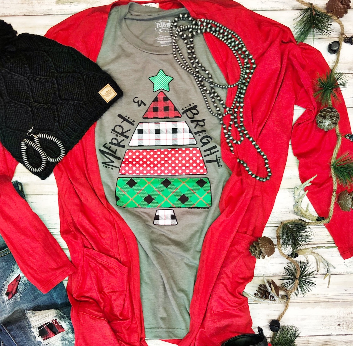 Christmas Graphic Tee and Cardigan by Texas True Threads at Horse Creek Boutique
