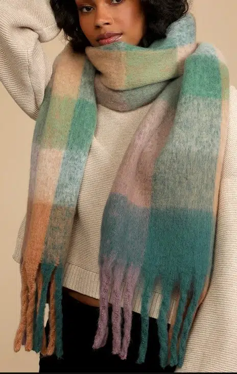 Peak Scenery Green Multi Plaid Fringe Oversized Scarf