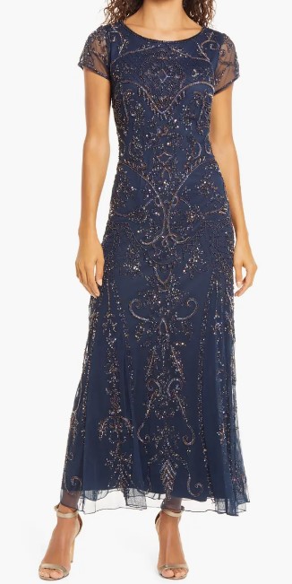 Pisarro Nights Beaded Mesh Midi Cocktail Dress (6 colors), $268