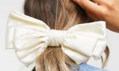 My Accessories London Exclusive oversized bow hair scrunchie in off white satin