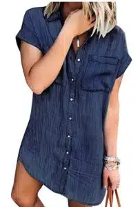 Women Denim Shirt Dresses Short Sleeve Distressed Jean Dress Button Down Casual Tunic Top