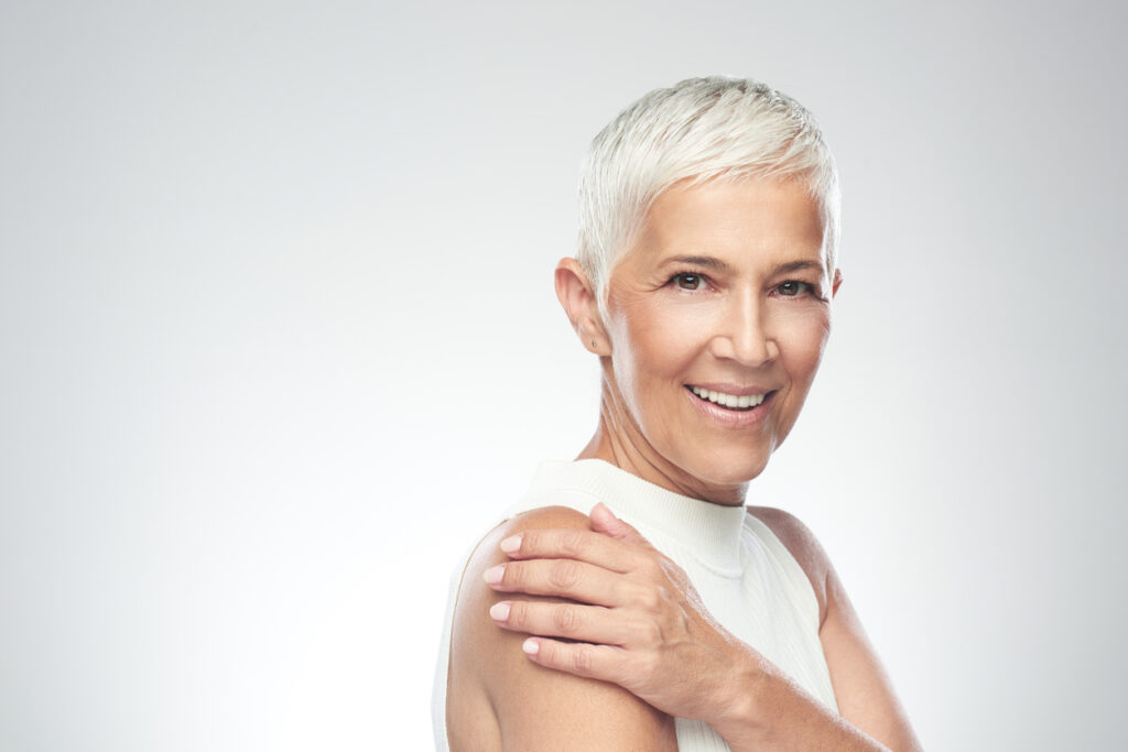 Woman with short gray hair