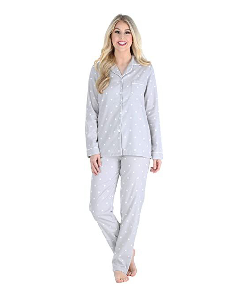Woman wearing PajamaMania Cotton Flannel Long-Sleeve PJ Set