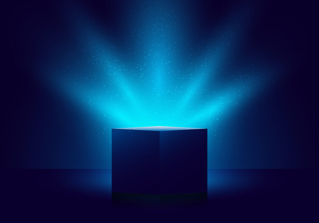 cool gifts - blue gift box with light coming out the top