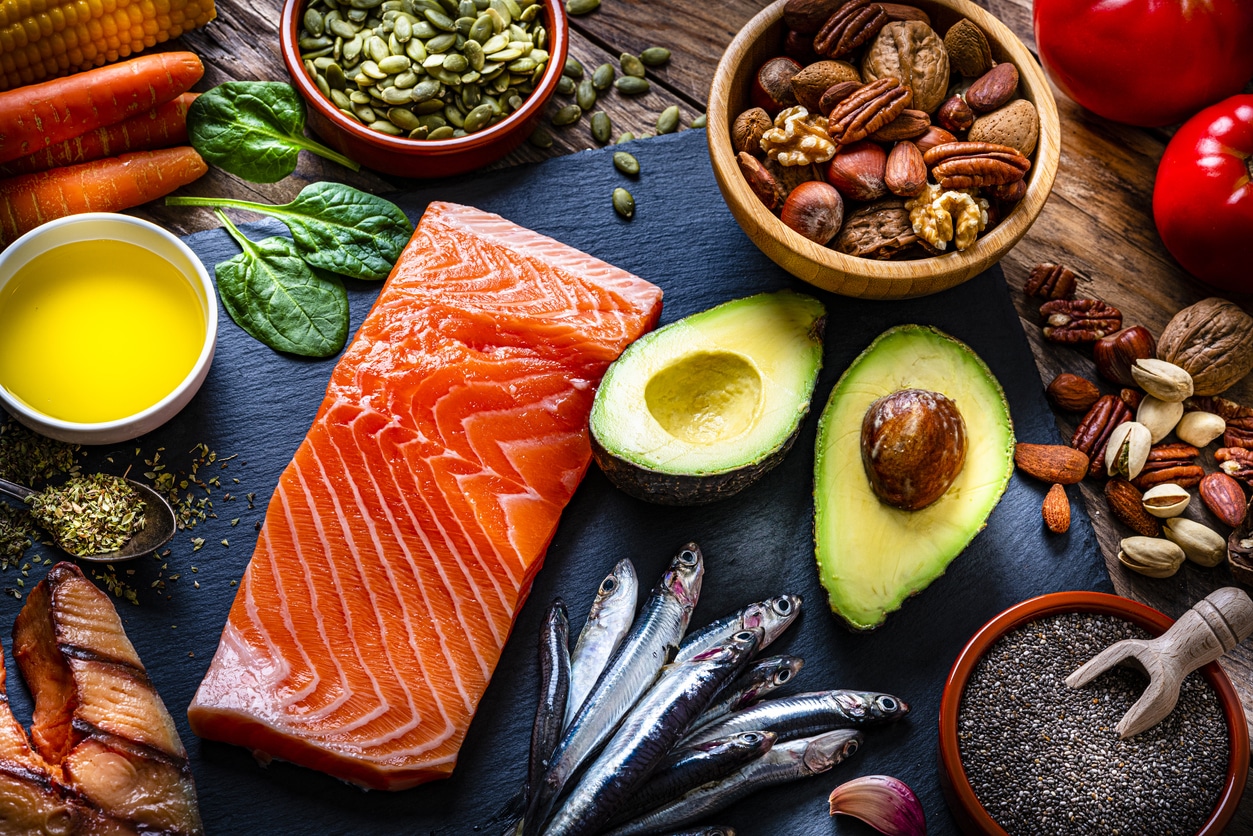 Healthy foods, heart health, Food with high content of Omega-3 fats, salmon, avocado, nuts, olive oil