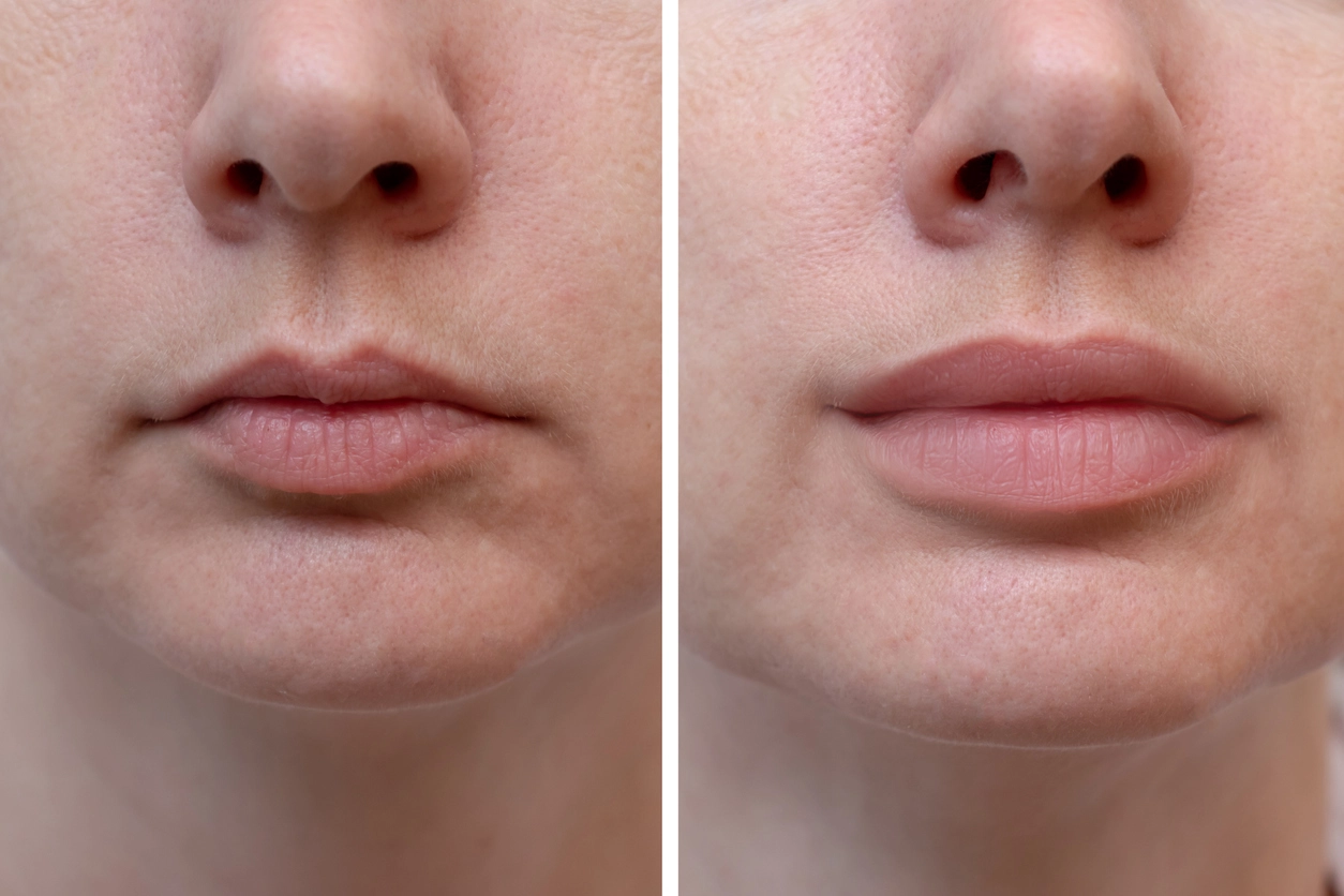 Female lips before and after lip filler