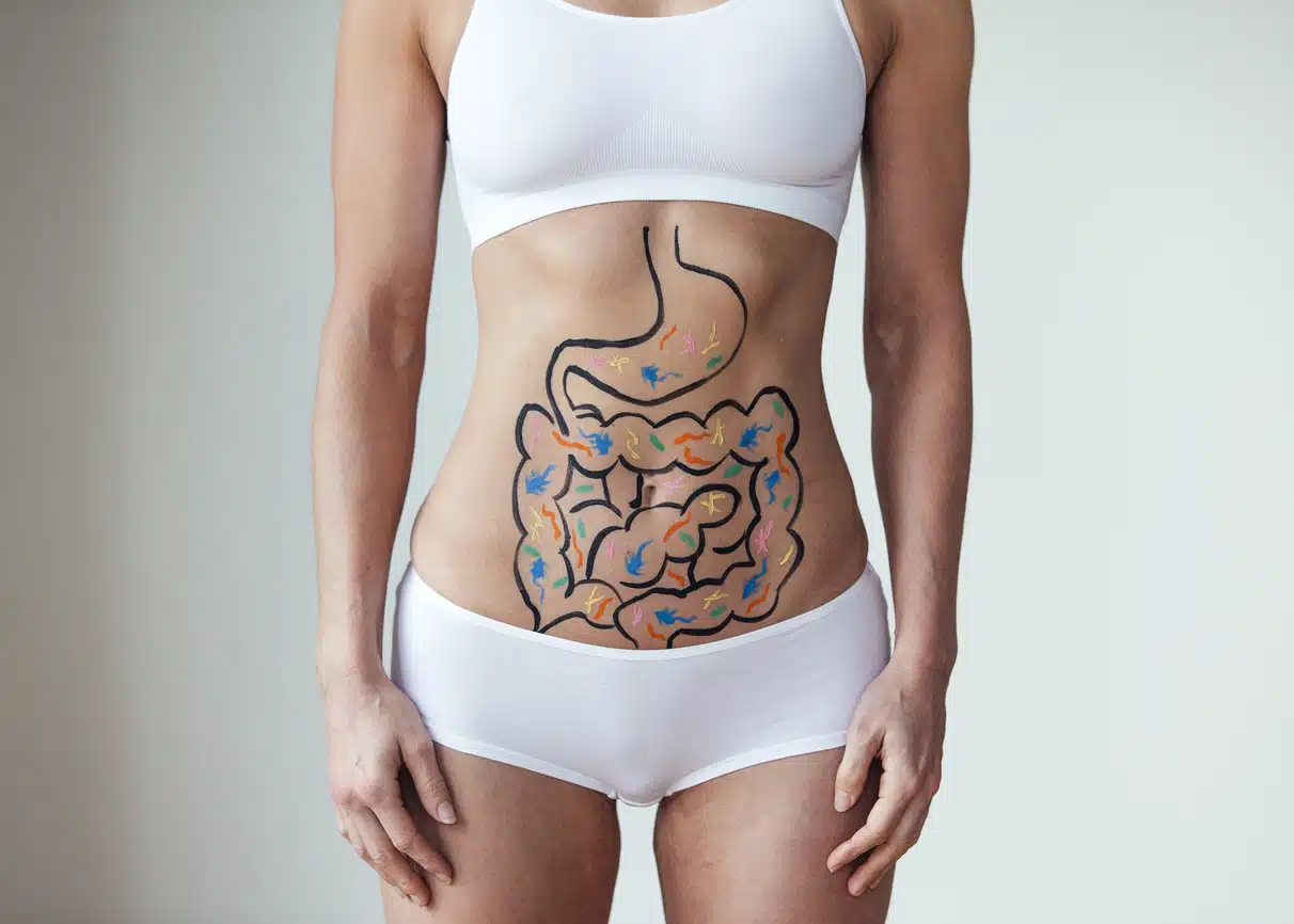 Digestive system drawing on woman's stomach