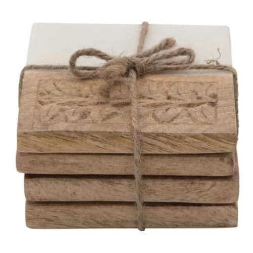 Creative Co-Op Marble And Hand-Carved Wood Coasters, Set Of 4