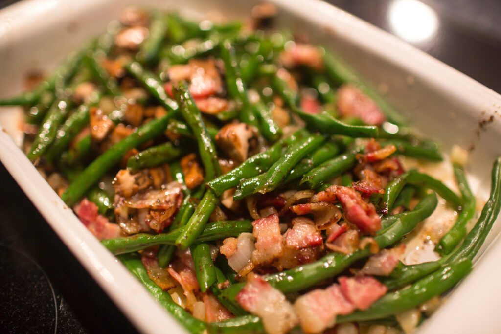 Green Bean Portobello Mushroom casserole with bacon holiday meals