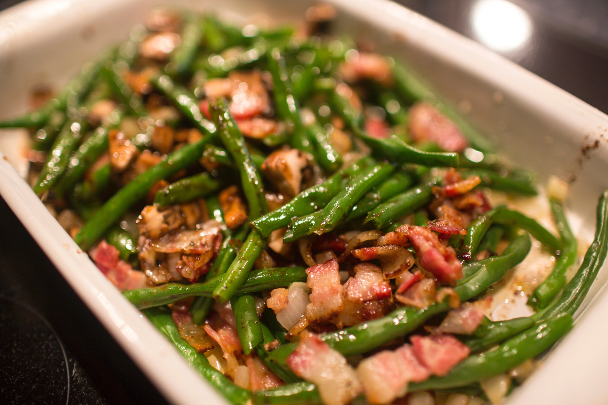 Green Bean Portobello Mushroom casserole with bacon holiday meals