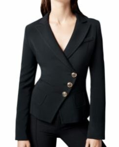 Smythe Tailored Asymmetric Wrap Stretch Blazer to look thinner