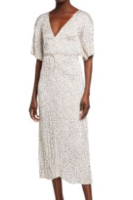 Vince Pleated Stone Dot Short-Sleeve V-Neck Dress to look thinner