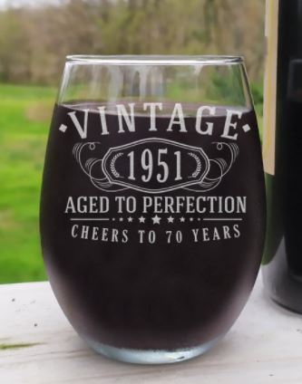 Vintage 1951 Etched 17oz Stemless Wine Glass