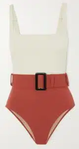 Cassandra belted two-tone stretch-ECONYL swimsuit