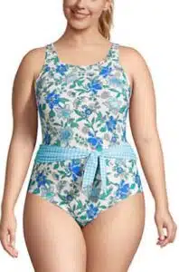 Plus Size Chlorine Resistant Tummy Control High Neck Belted One Piece Swimsuit