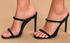 Theyaa Black Suede Square-Toe High Heel Sandals