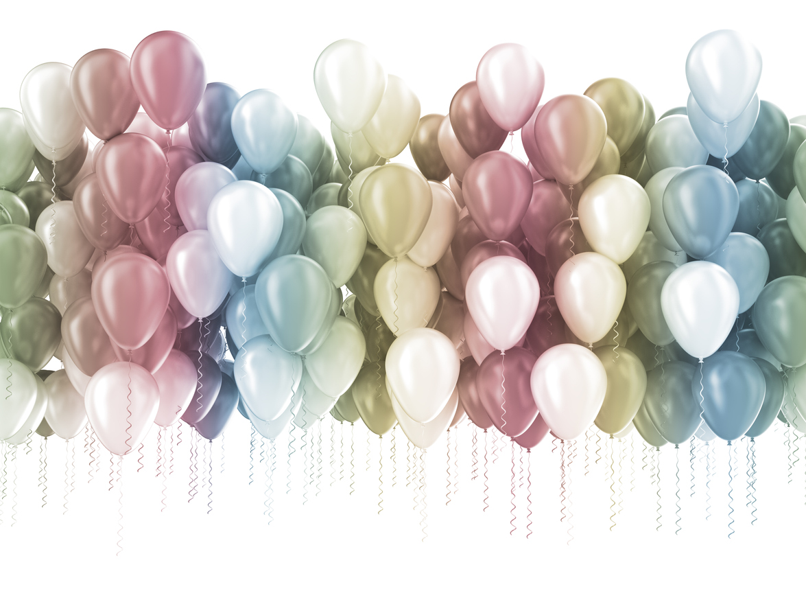 Party decorations include colorful balloons