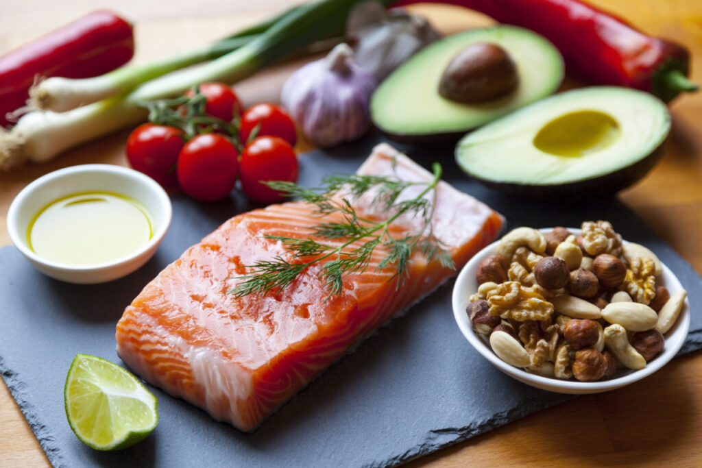 Longevity or Mediterranean diets include salmon, nuts and avocado. Healthy fats