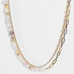 Reclaimed vintage inspired multirow necklace with mixed chain and pastel faux pearls in gold