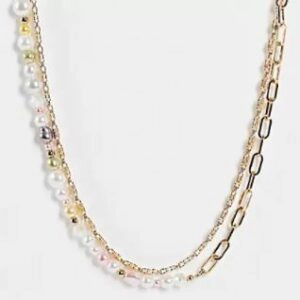 Reclaimed vintage inspired multirow necklace with mixed chain and pastel faux pearls in gold