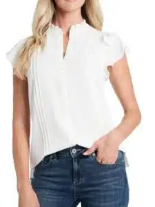 Pintuck Ruffle Short Sleeve Blouse