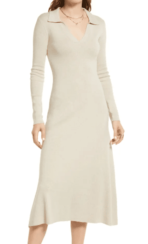 Long Sleeve Cotton Blend Rib Polo Sweater Dress