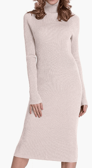 Turtleneck Ribbed Elbow Long Sleeve Knit Sweater Dress