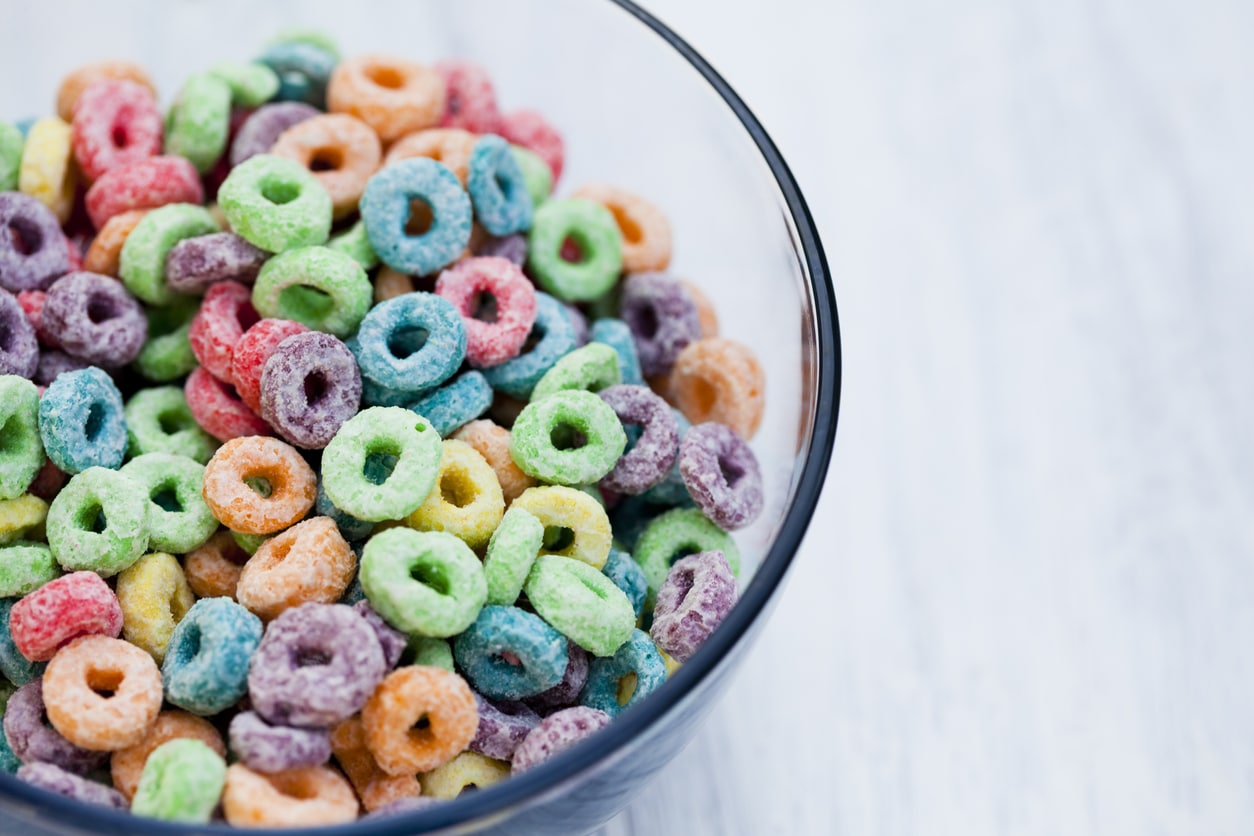 Bowl of cereal; fruit loops; Sugary cereal