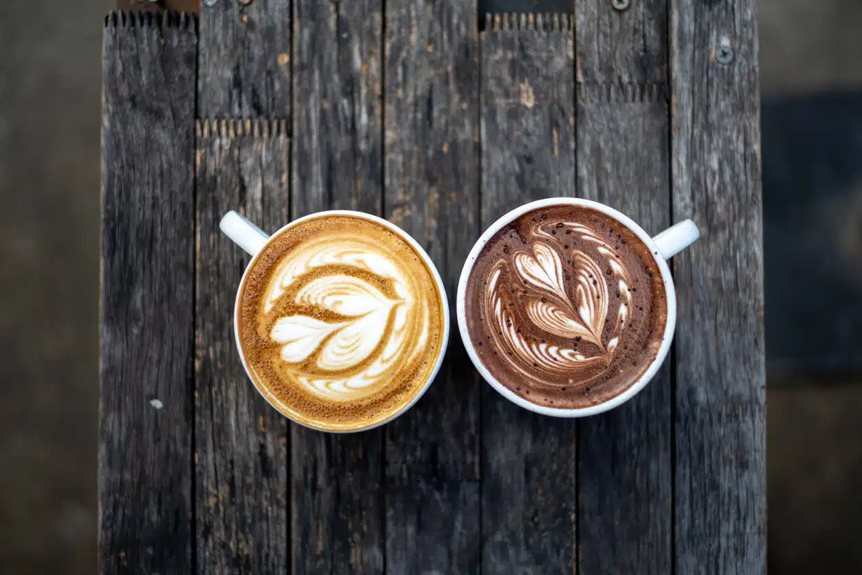 Cup of coffee; cup of hot chocolate