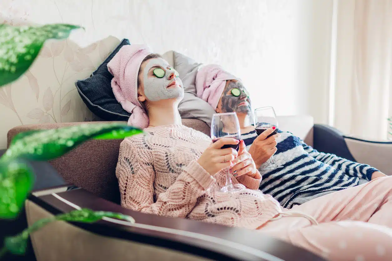 Mother and daughter at the spa with a glass of wine