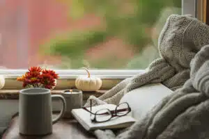 November reading list - cozy book by a fall window