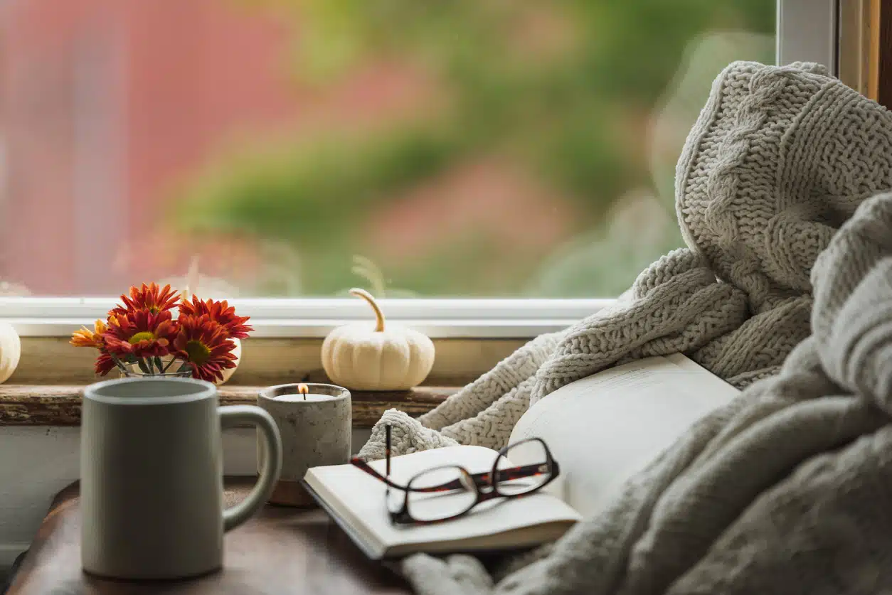 November reading list - cozy book by a fall window