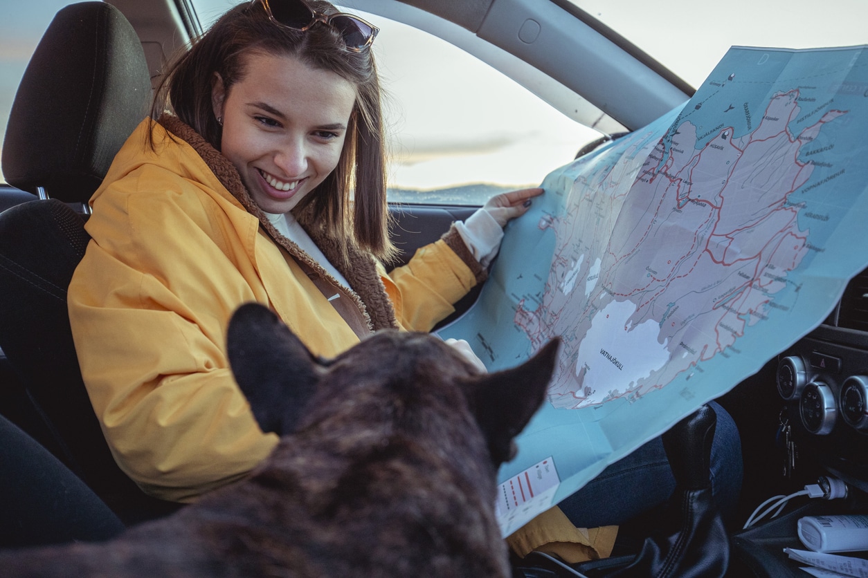 Girl looking at a map with her dog, pet road trips