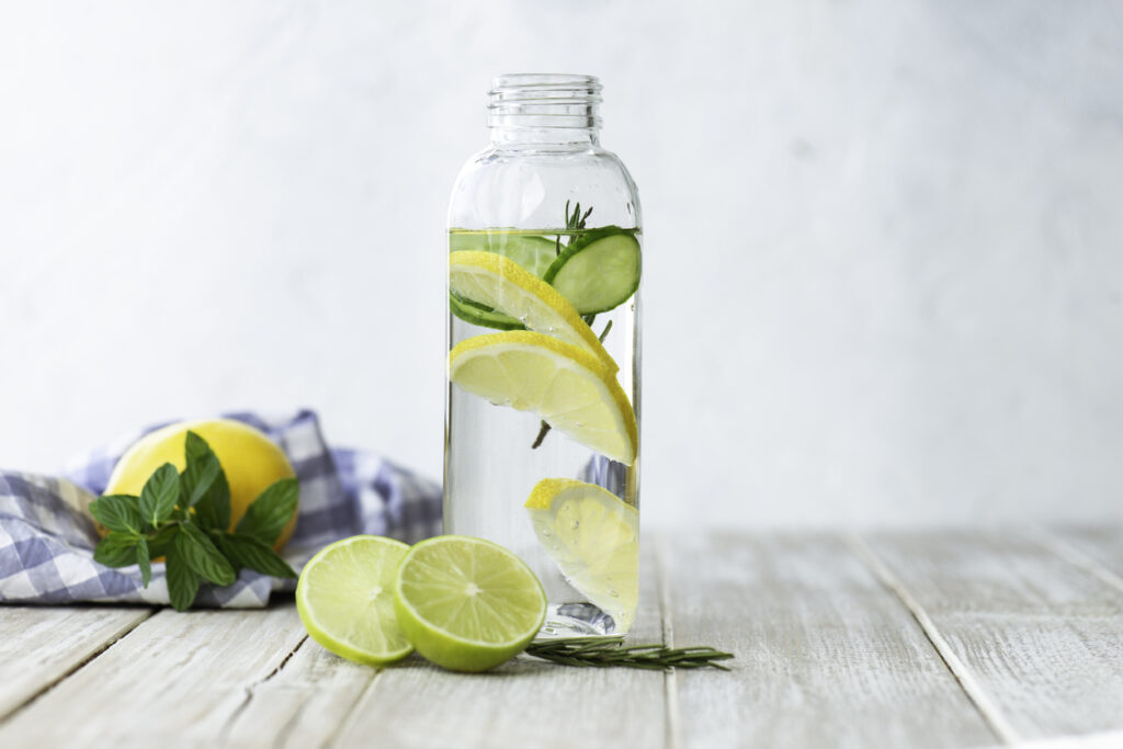 Water bottle with lemon and cucumber