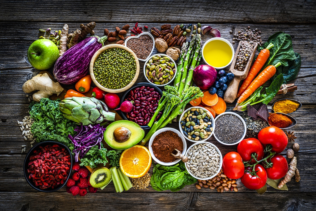 Fiber-rich healthy foods fruits vegetables legumes; vegan diet