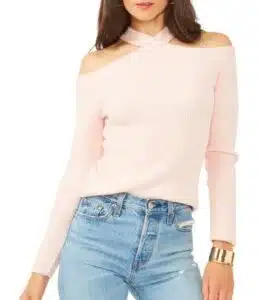 Cross Neck Cold Shoulder Cotton Blend Sweater