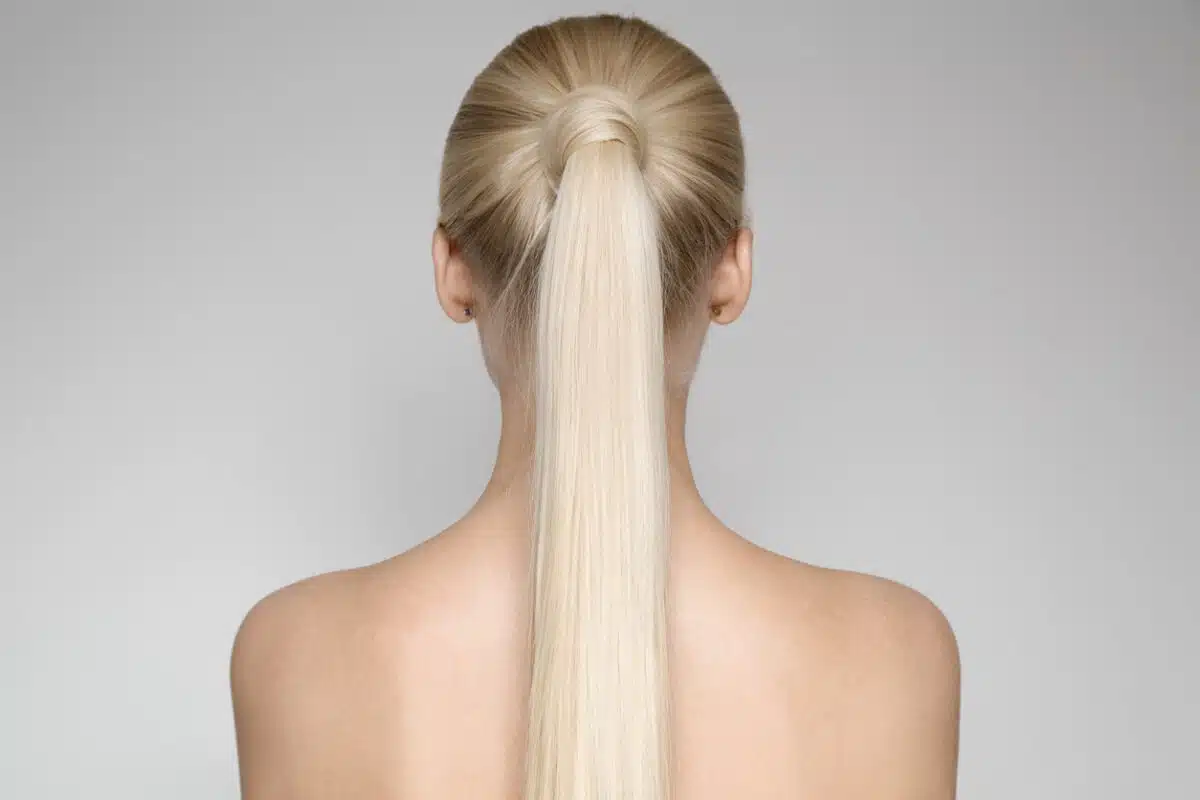 Wrapped ponytail rear view long blonde hair