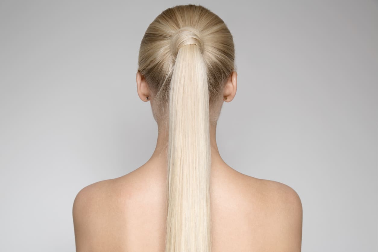 Wrapped ponytail rear view long blonde hair