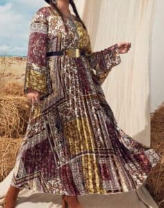 Plus Paisley Scarf Print Pleated Hem Belted Dress