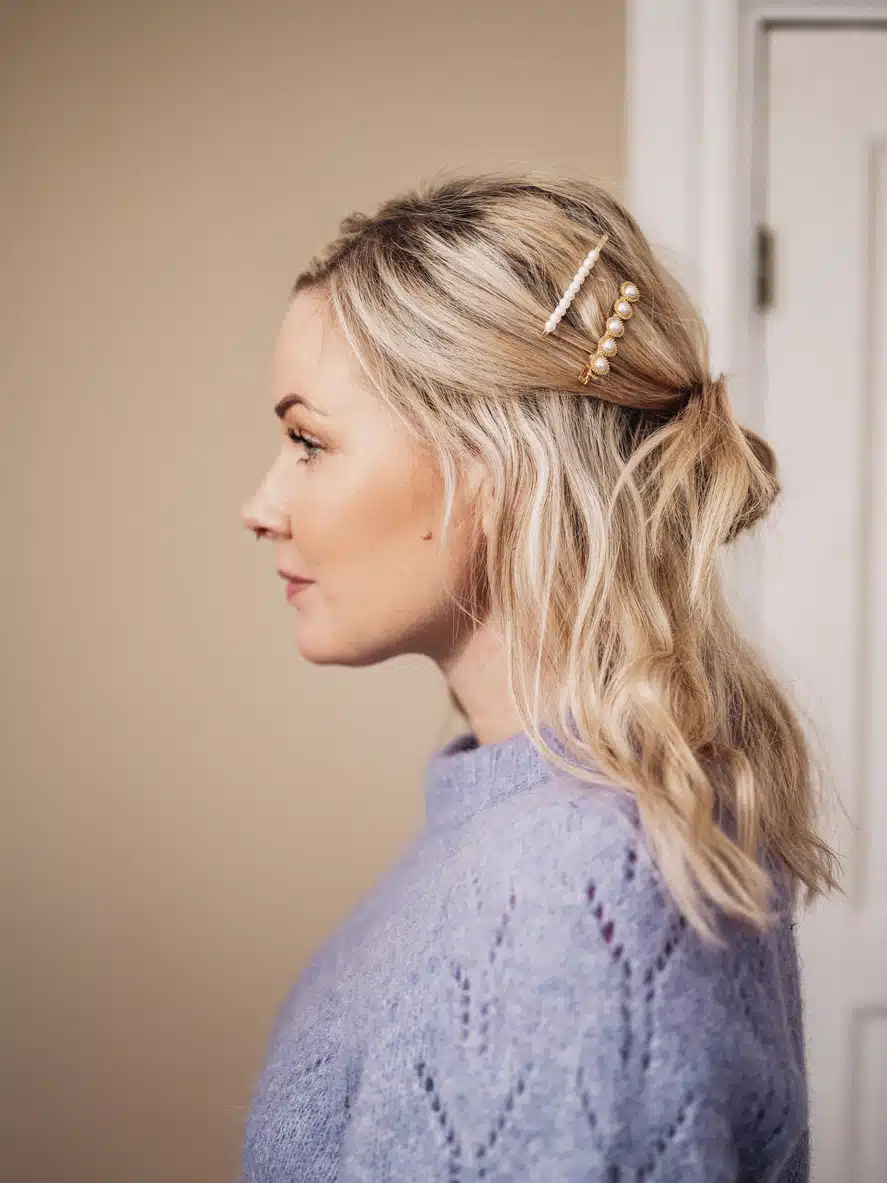 Hair half up and half down with hair clips