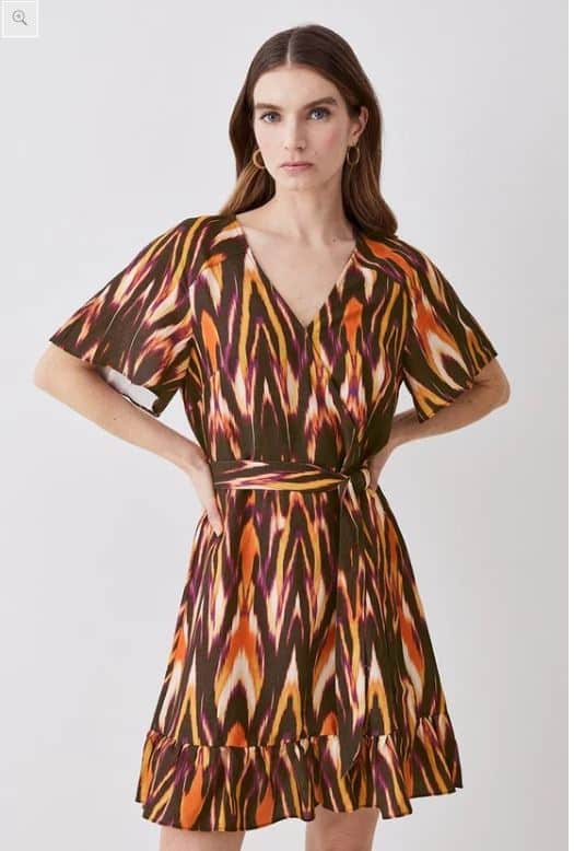 Karen Millen Ikat Print Linen Angel Sleeve Wrap Front Dress