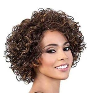 Short Curly Wigs with Bangs Highlighted Brown