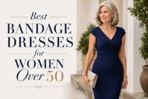 Advertisement promoting 'Best Bandage Dresses for Women Over 50' with a smiling woman in a navy dress holding a beige clutch on the right.