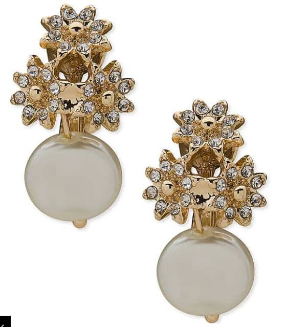 Pearl Flower Button Clip Earrings