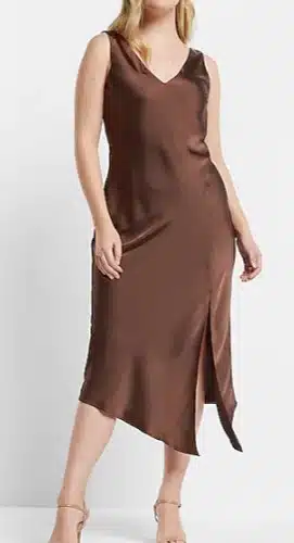 Satin V-Neck Asymmetrical Hem Midi Slip Dress