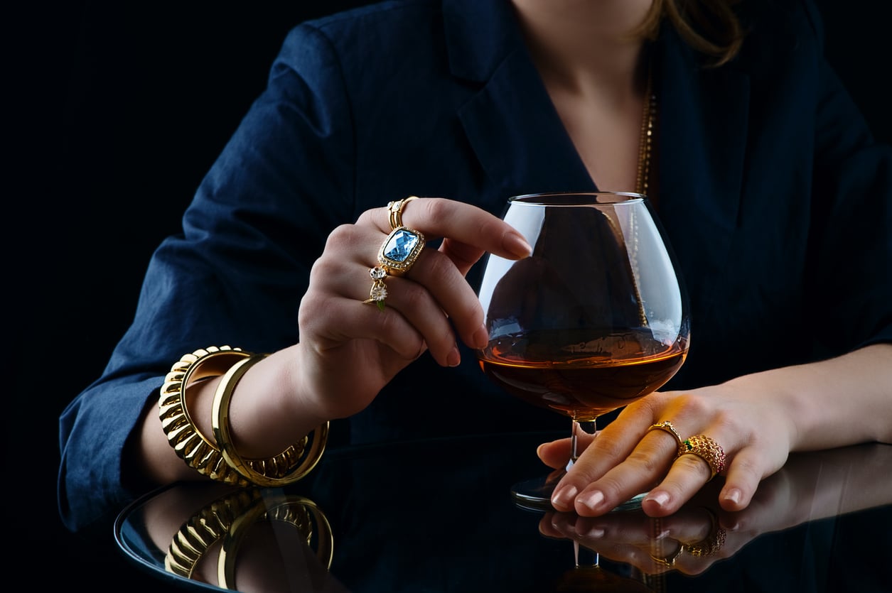 Vintage jewelry and cognac