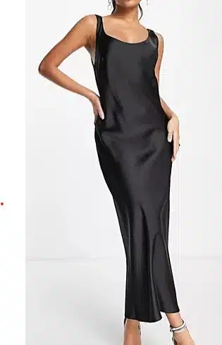 scoop neck midi satin slip dress in black