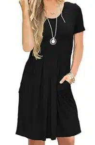 AUSELILY Women's Short Sleeve Pleated Loose Swing Casual Dress